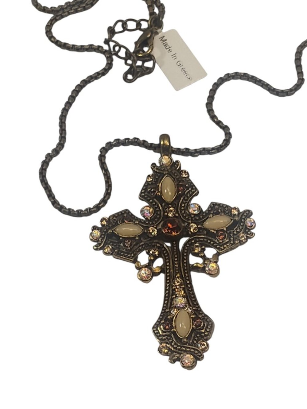 Vintage Bella Rosa Cross Pendent Charm With Stones & Necklace Made in Greece